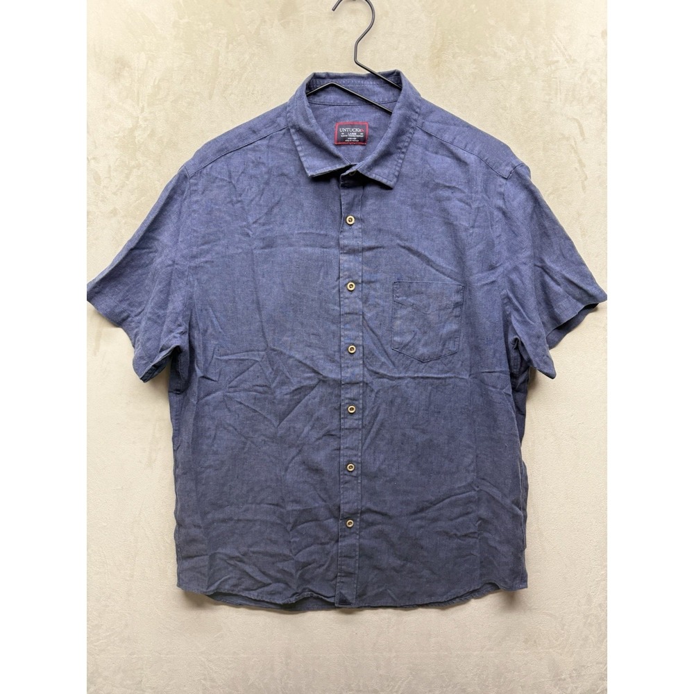 UNTUCKit Linen Shirt Men's Large Short Sleeve Navy Blue Button Down Breathable